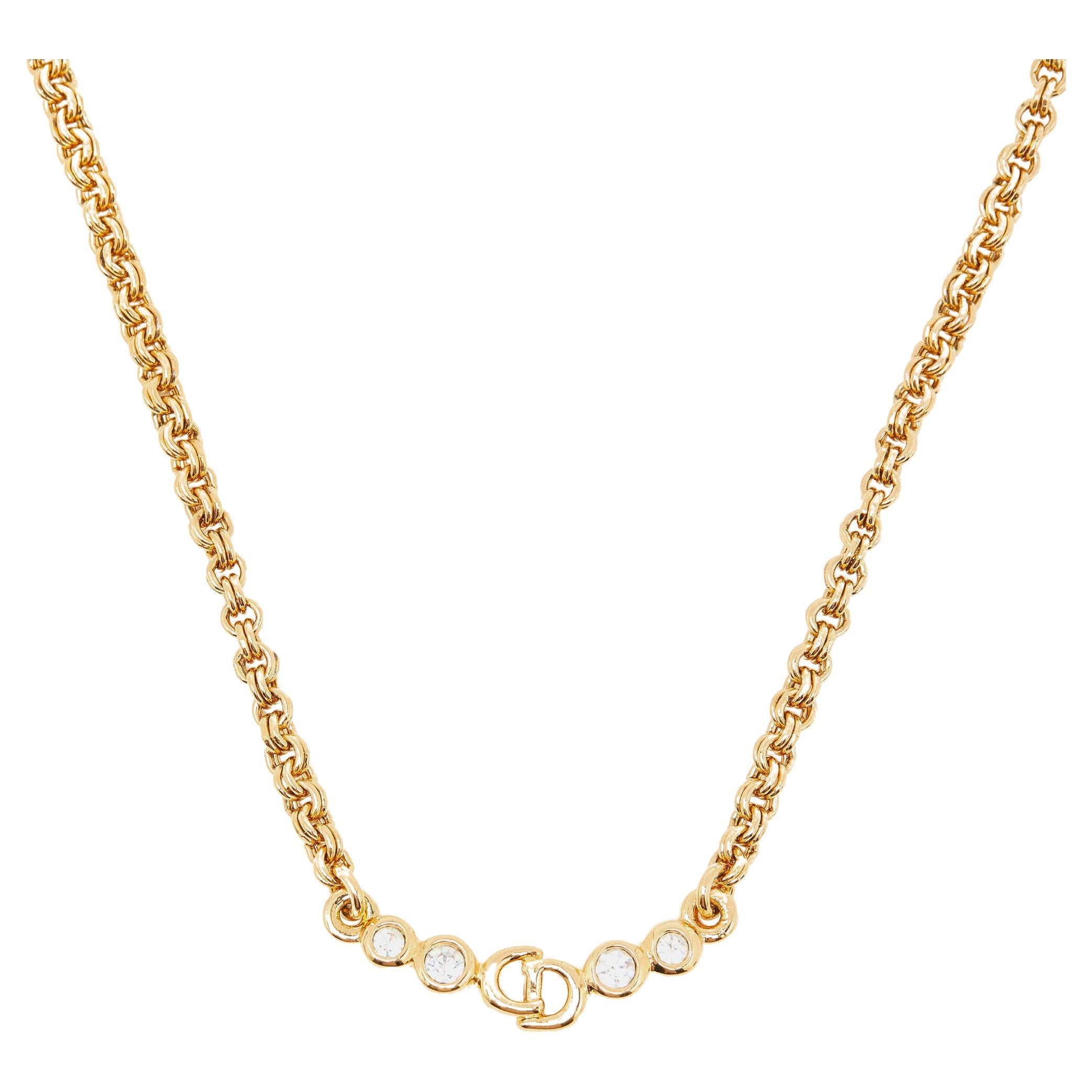 Christian Dior Vintage Gold Tone CD Rhinestone Chain Necklace