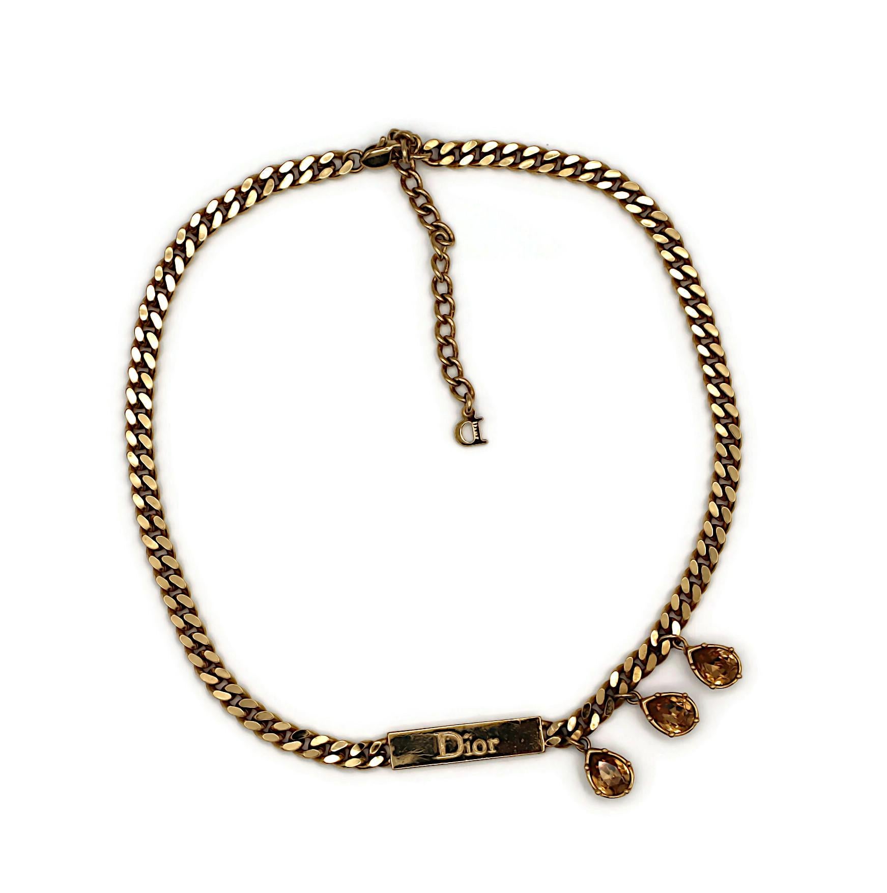 CHRISTIAN DIOR Vintage Gold Tone Chain ID Tag Crystal Necklace In Good Condition For Sale In Nice, FR
