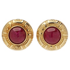Christian Dior Vintage Gold-Tone Clip-On Earrings with Ruby Cabochon Glass, 1980