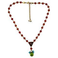CHRISTIAN DIOR Vintage Gold Tone D Enamel Beaded Necklace