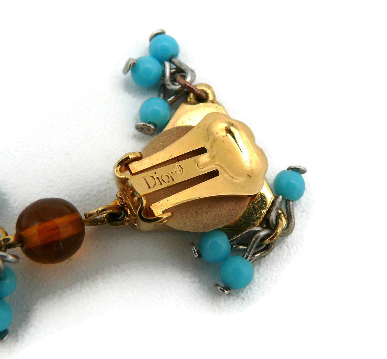 CHRISTIAN DIOR Vintage Gold Tone D Enamel Beads Dangling Earrings 5