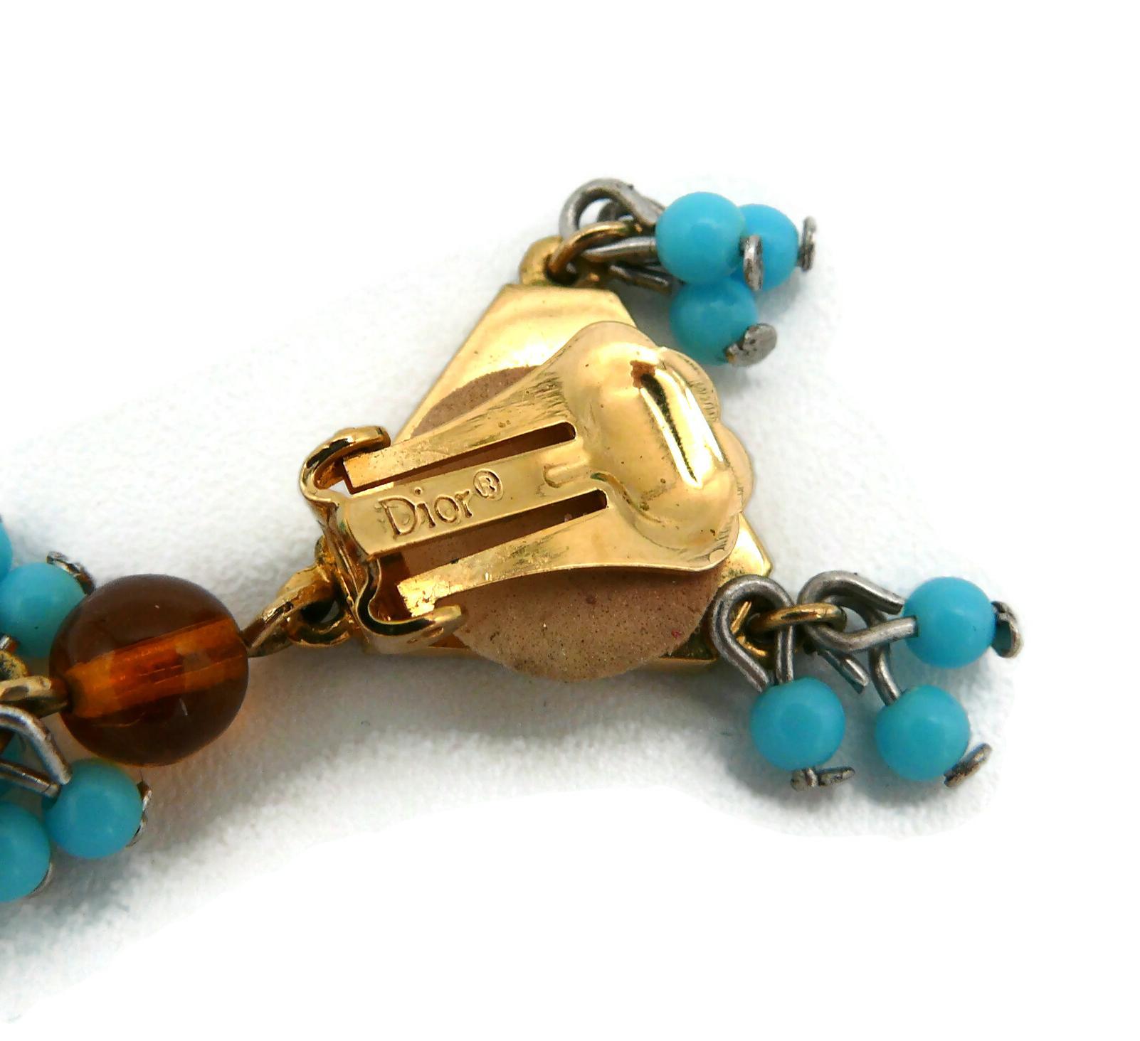 CHRISTIAN DIOR Vintage Gold Tone D Enamel Beads Dangling Earrings 6