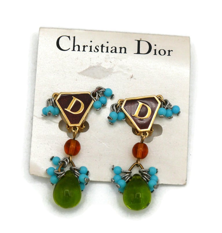 CHRISTIAN DIOR Vintage Gold Tone D Enamel Beads Dangling Earrings For