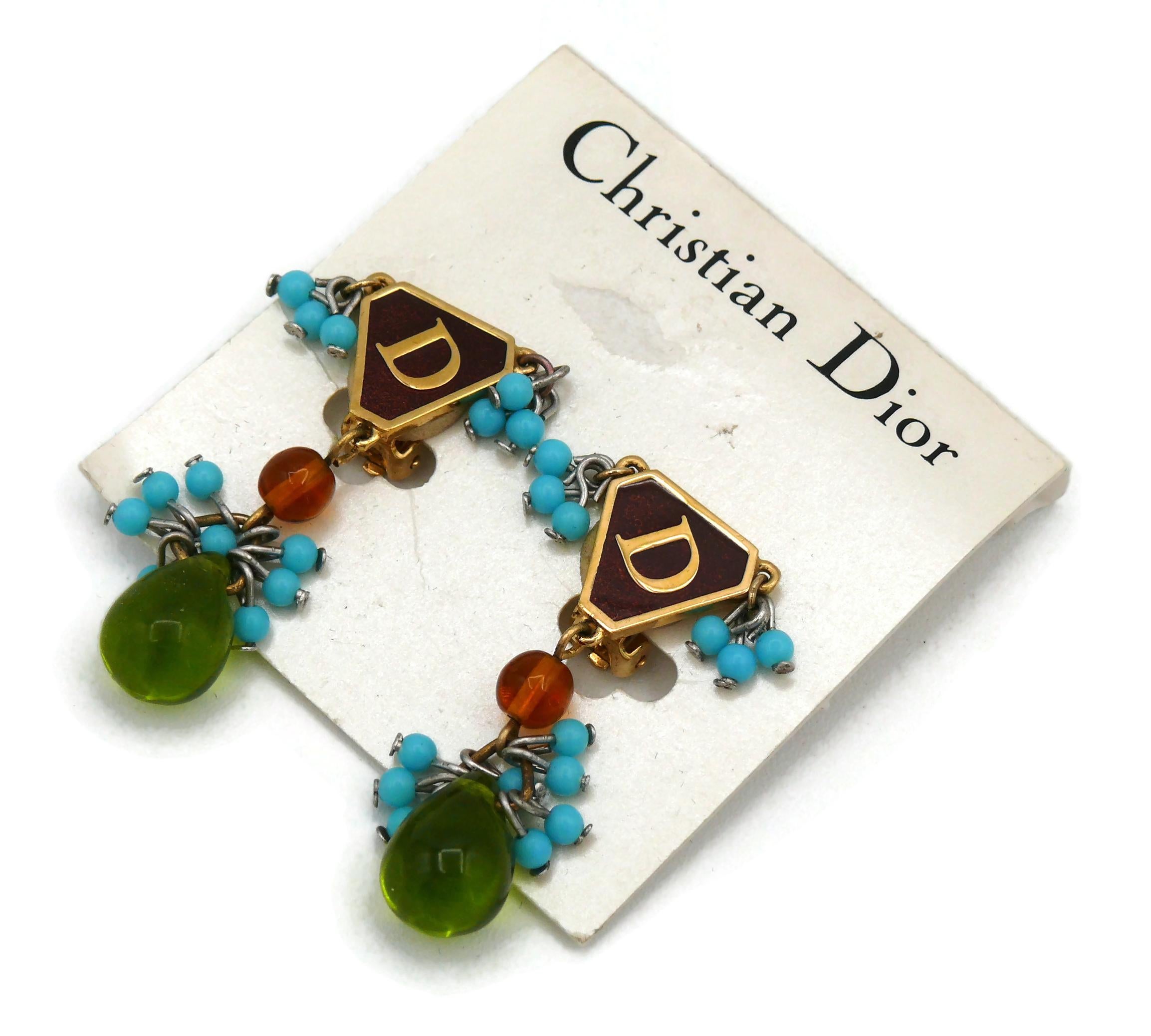 CHRISTIAN DIOR Vintage Gold Tone D Enamel Beads Dangling Earrings In Good Condition In Nice, FR