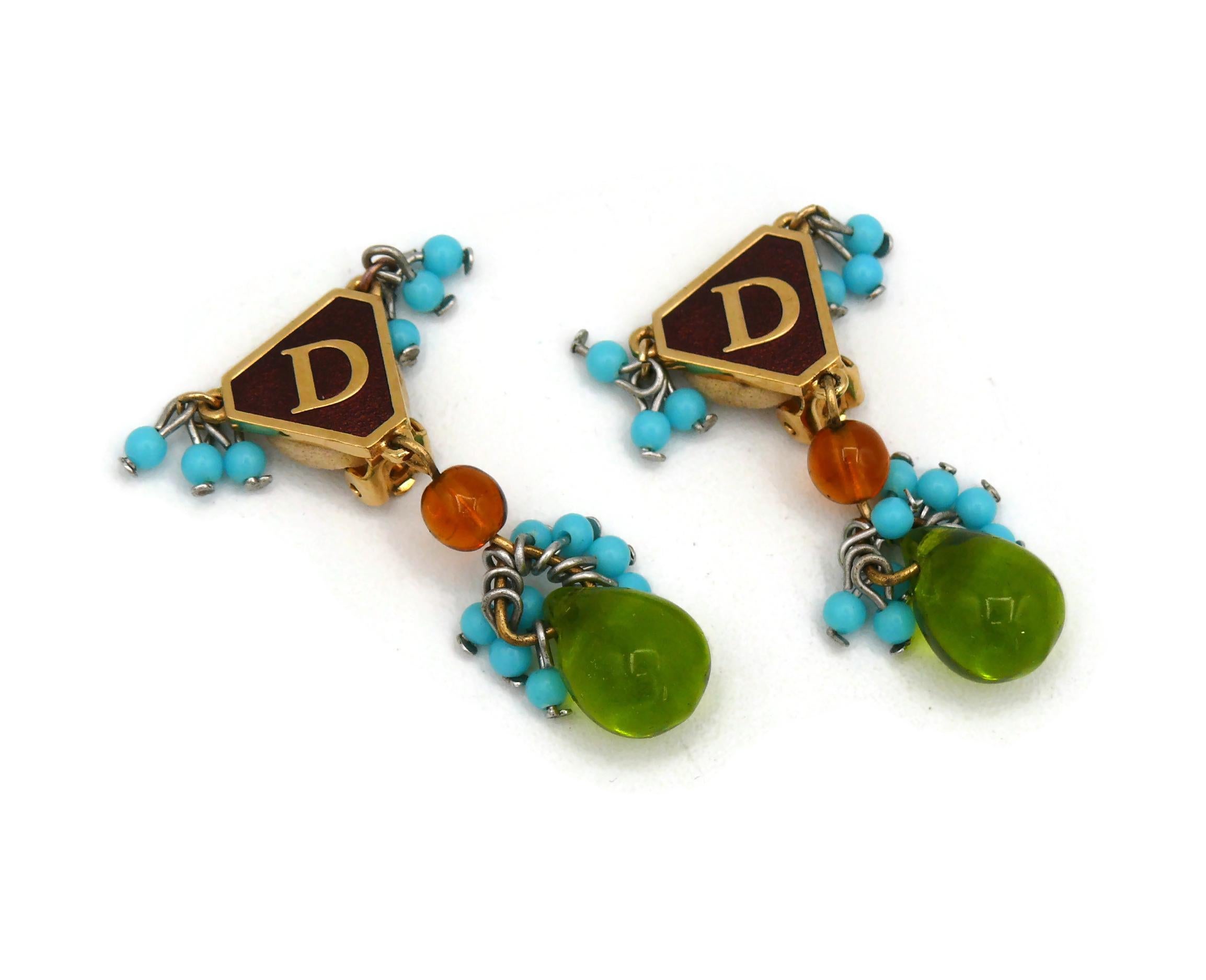 Women's CHRISTIAN DIOR Vintage Gold Tone D Enamel Beads Dangling Earrings