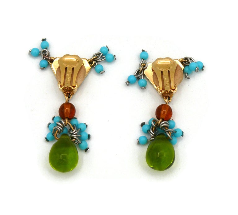 CHRISTIAN DIOR Vintage Gold Tone D Enamel Beads Dangling Earrings For