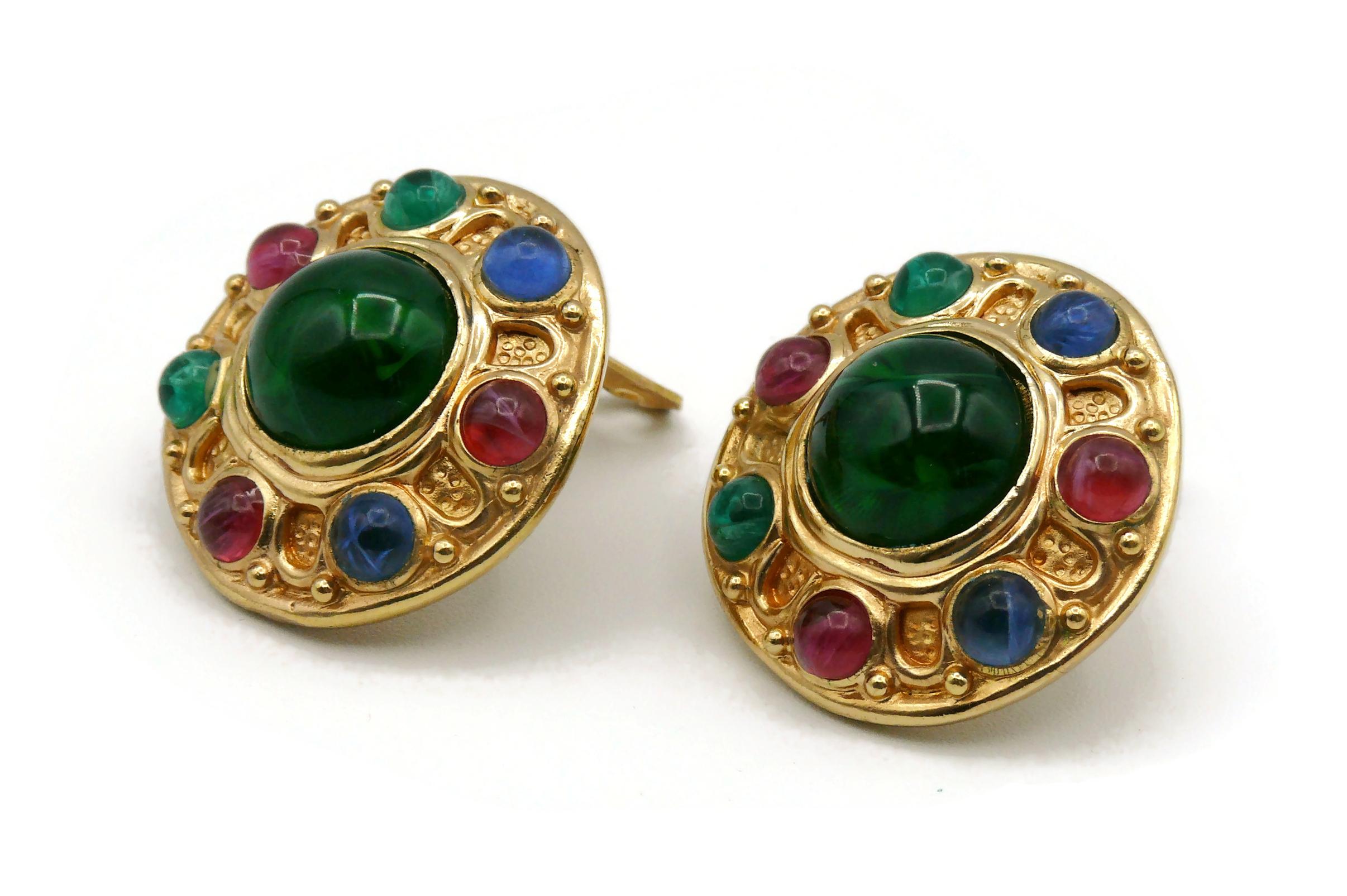 Women's CHRISTIAN DIOR Vintage Gold Tone Glass Cabochons Clip-On Earrings For Sale