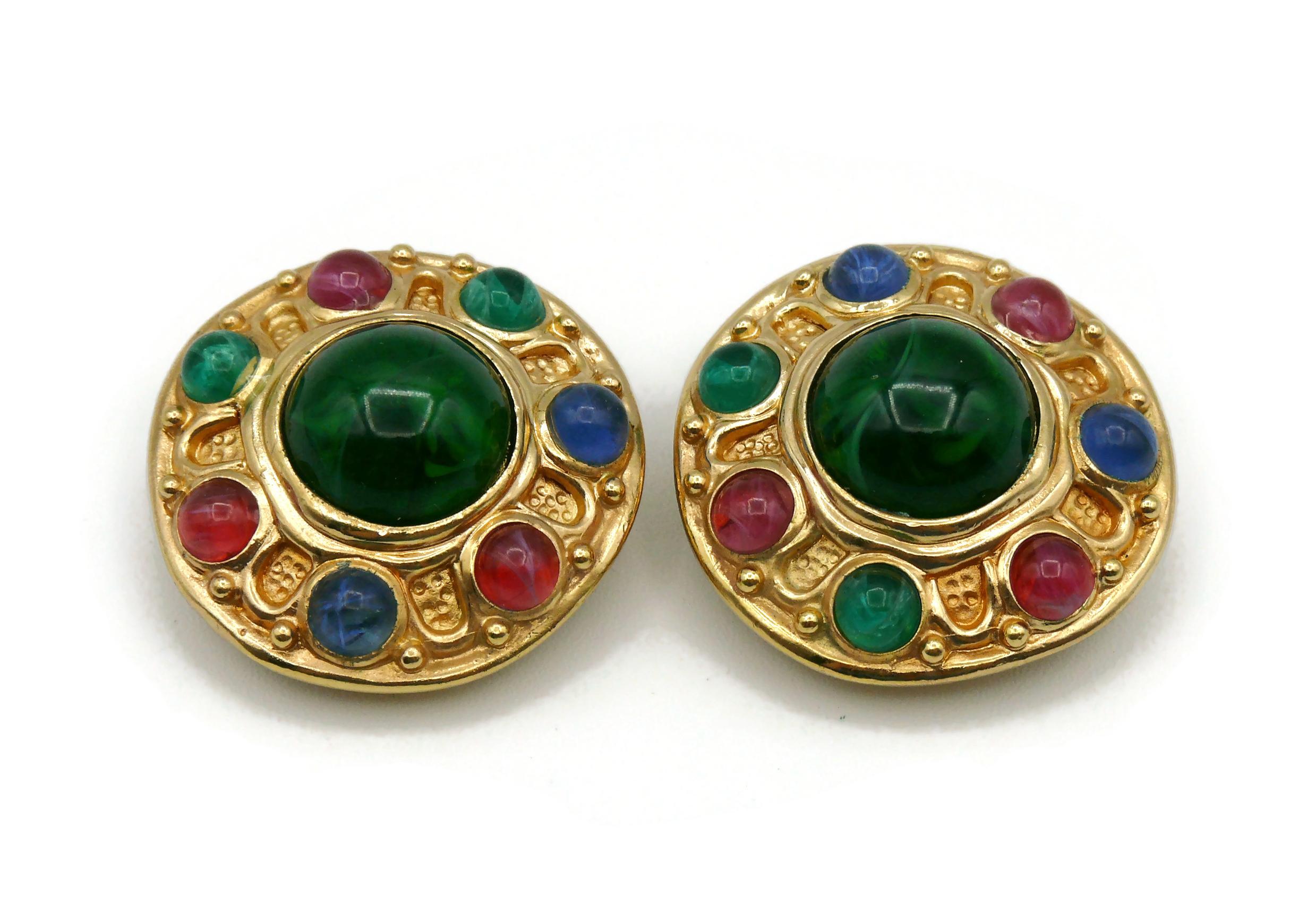CHRISTIAN DIOR Vintage Gold Tone Glass Cabochons Clip-On Earrings For Sale 1