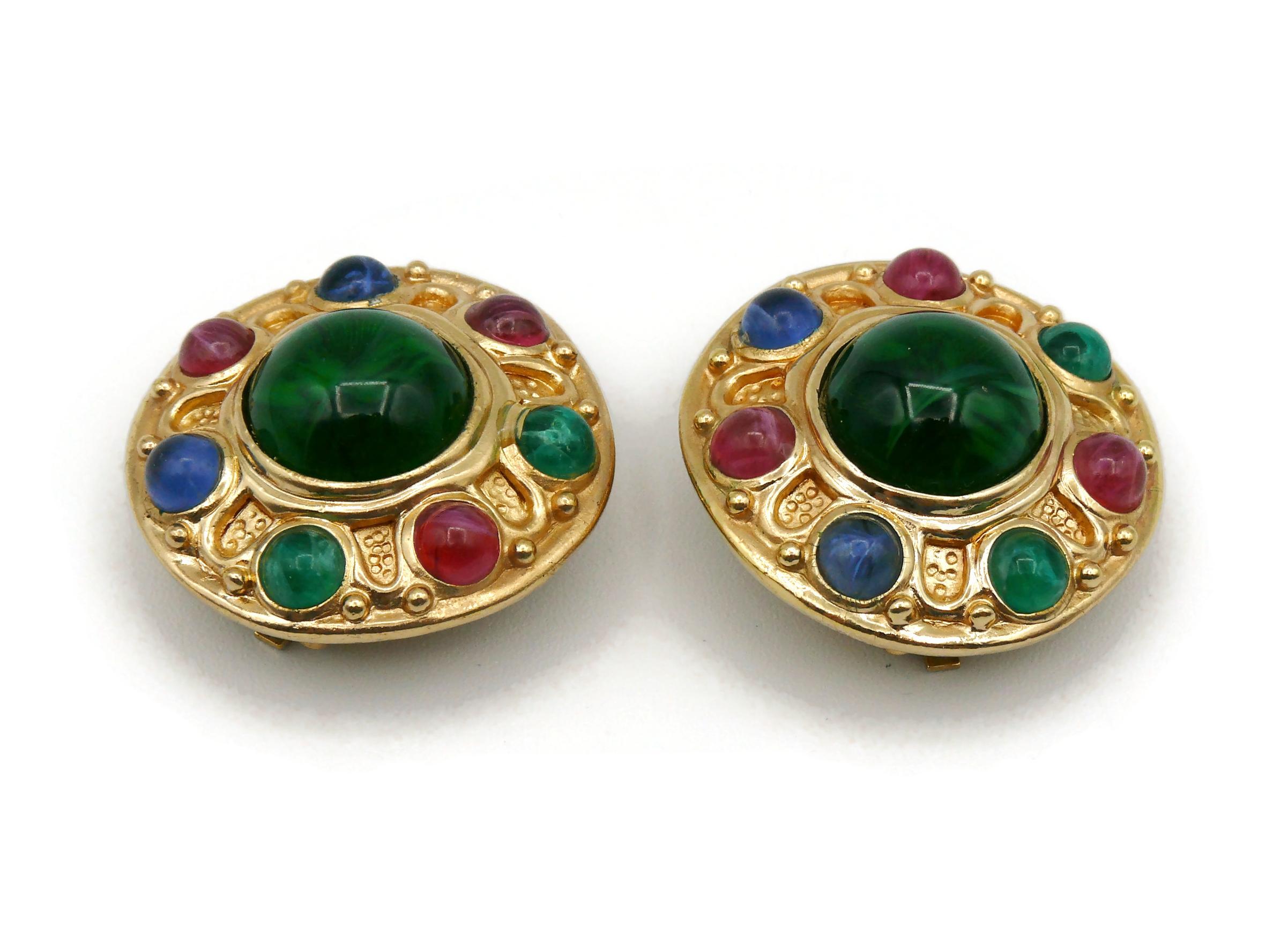 CHRISTIAN DIOR Vintage Gold Tone Glass Cabochons Clip-On Earrings For Sale 2
