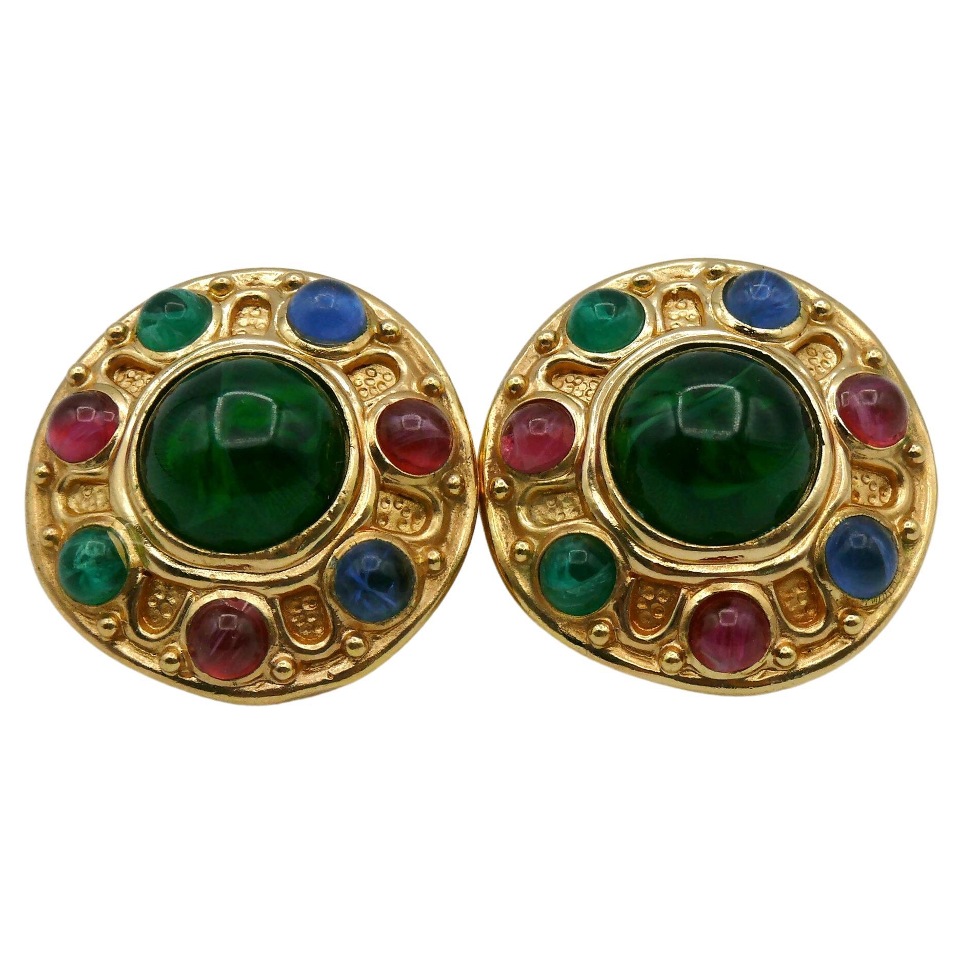 CHRISTIAN DIOR Vintage Gold Tone Glass Cabochons Clip-On Earrings For Sale