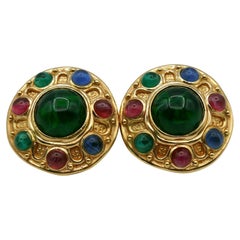 CHRISTIAN DIOR Vintage Gold Tone Glass Cabochons Clip-On Earrings