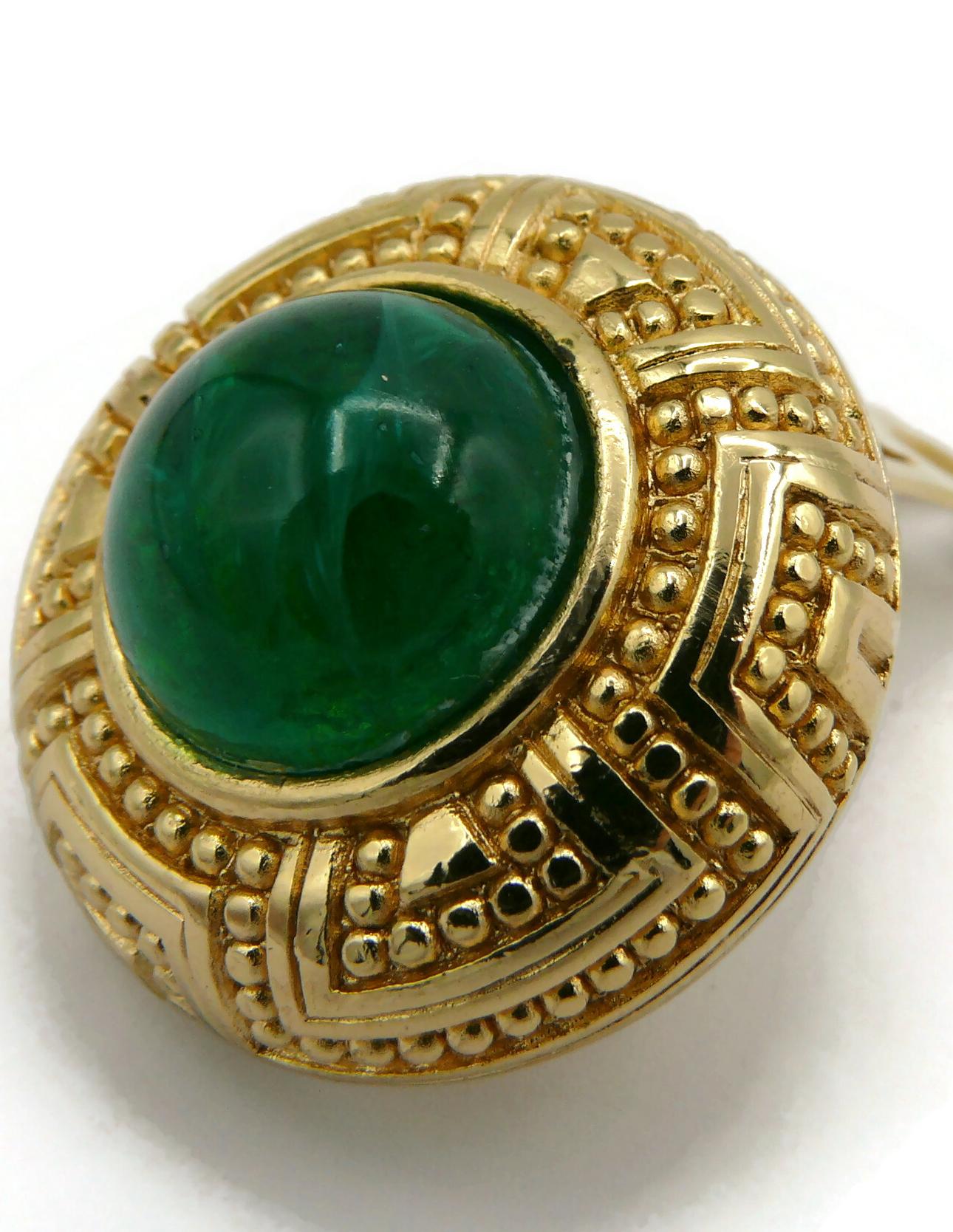 CHRISTIAN DIOR Vintage Gold Tone Green Glass Cabochon Clip-On Earrings For Sale 3