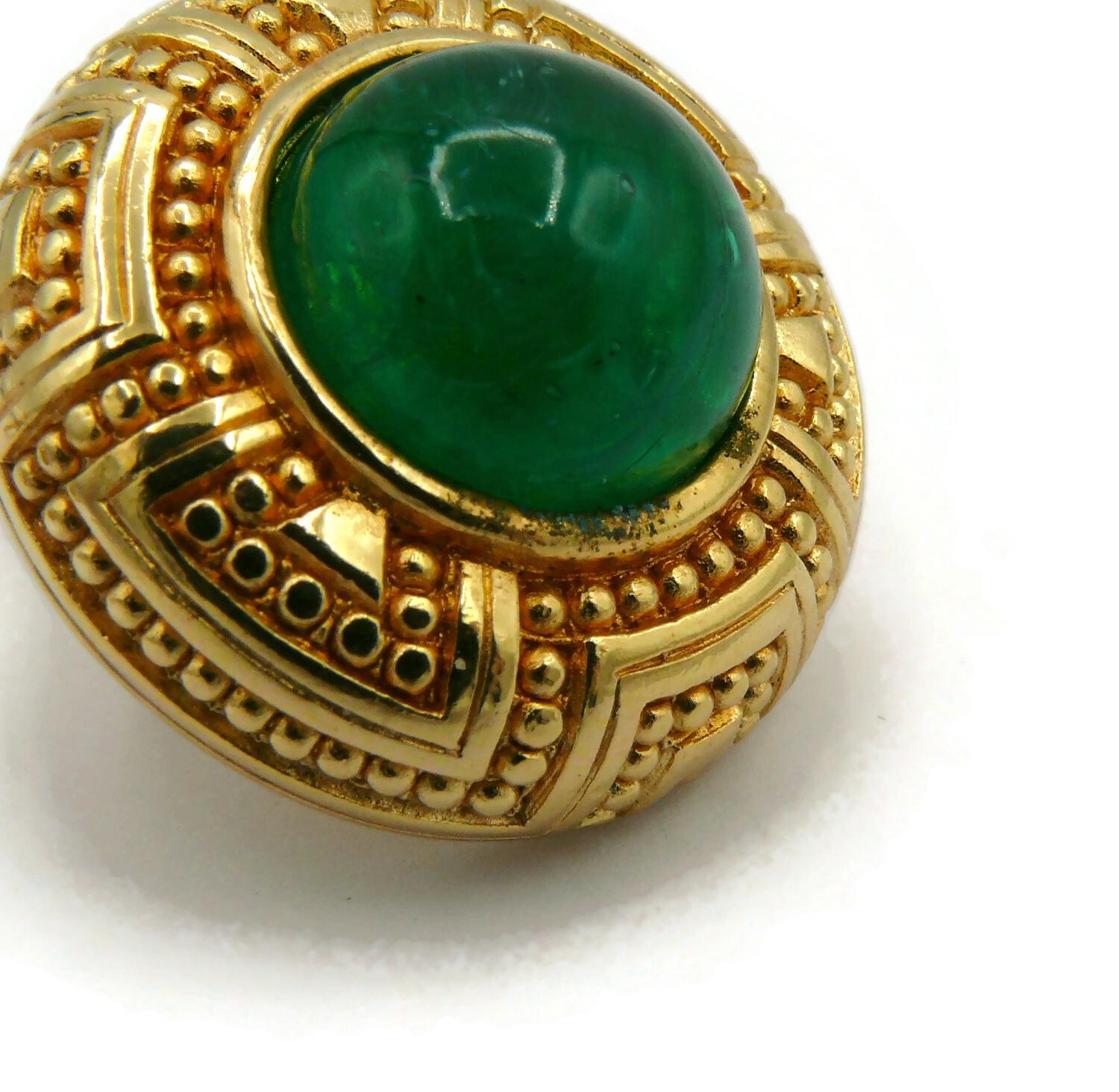 CHRISTIAN DIOR Vintage Gold Tone Green Glass Cabochon Clip-On Earrings For Sale 4
