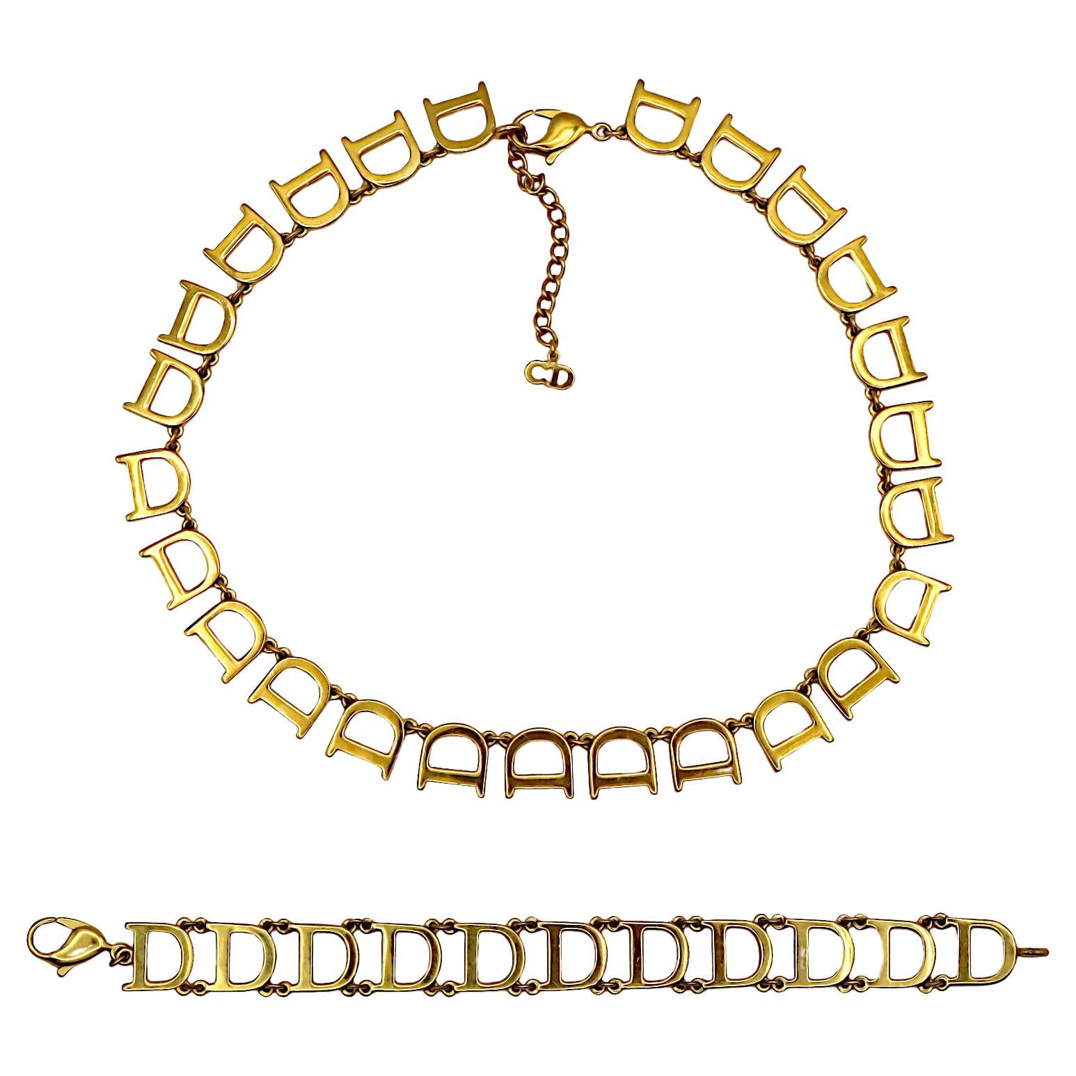 CHRISTIAN DIOR Vintage Gold Tone Initial D Necklace and Bracelet Set For Sale