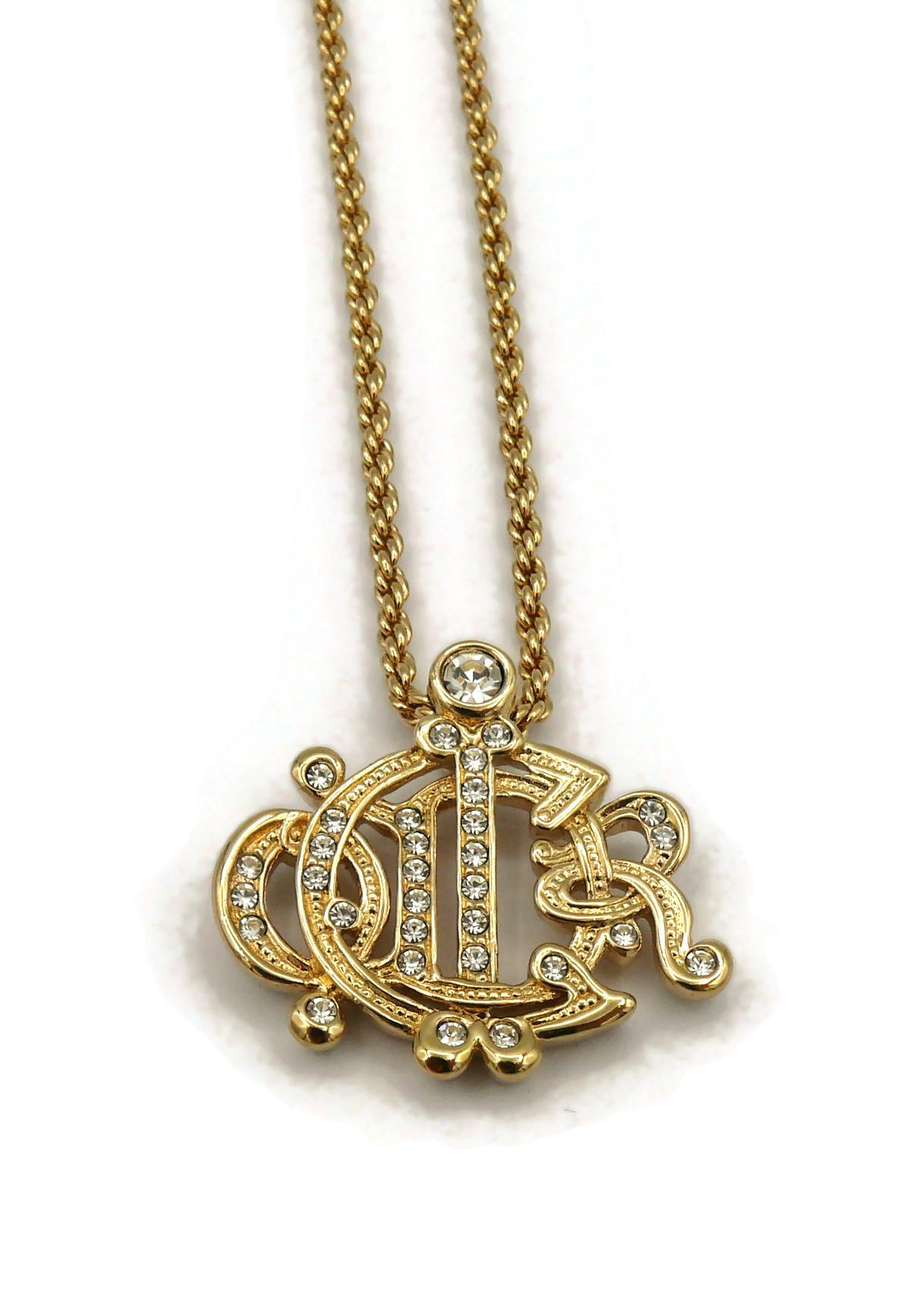 CHRISTIAN DIOR Vintage Gold Tone Jewelled Logo Pendant Necklace For Sale 3
