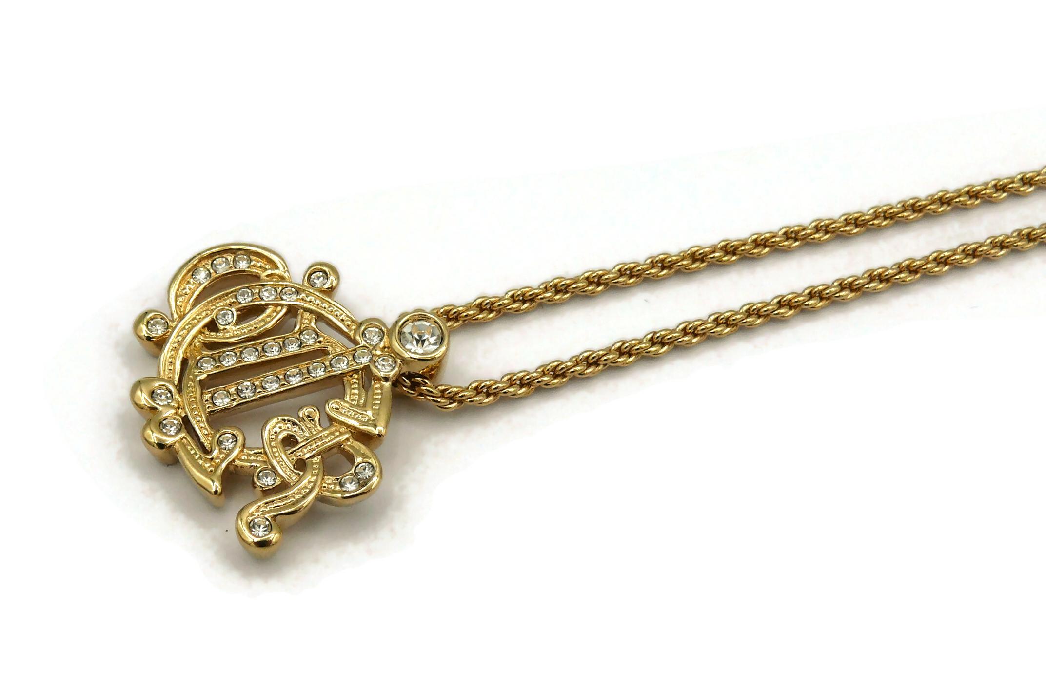 CHRISTIAN DIOR Vintage Gold Tone Jewelled Logo Pendant Necklace For Sale 4