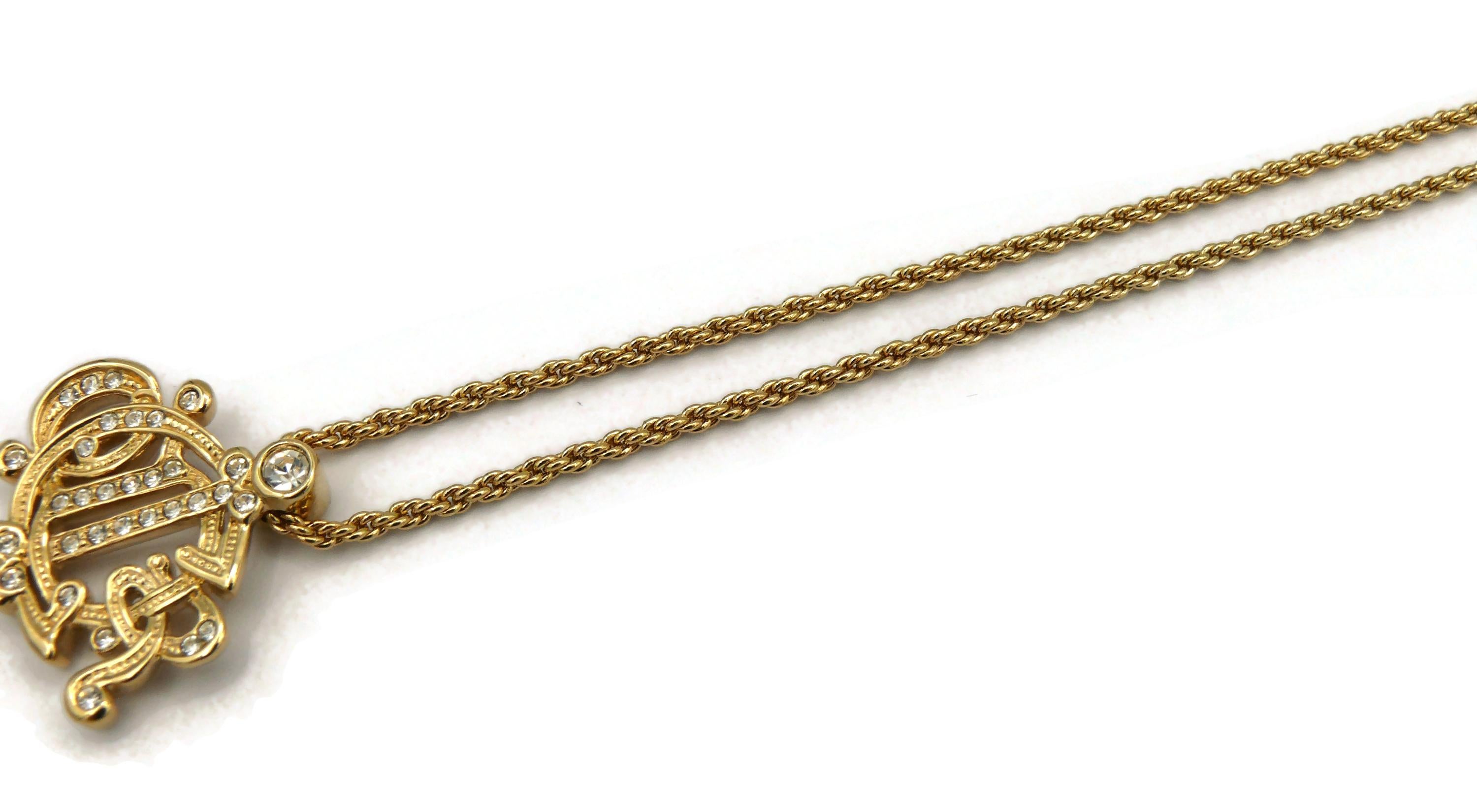 CHRISTIAN DIOR Vintage Gold Tone Jewelled Logo Pendant Necklace For Sale 5