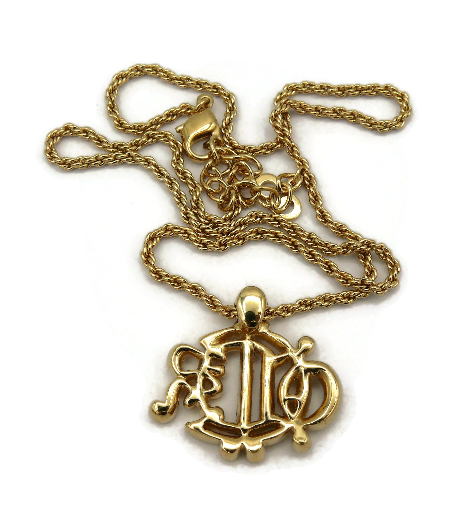 CHRISTIAN DIOR Vintage Gold Tone Jewelled Logo Pendant Necklace For Sale 9