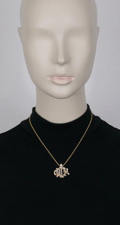 CHRISTIAN DIOR Vintage Gold Tone Jewelled Logo Pendant Necklace