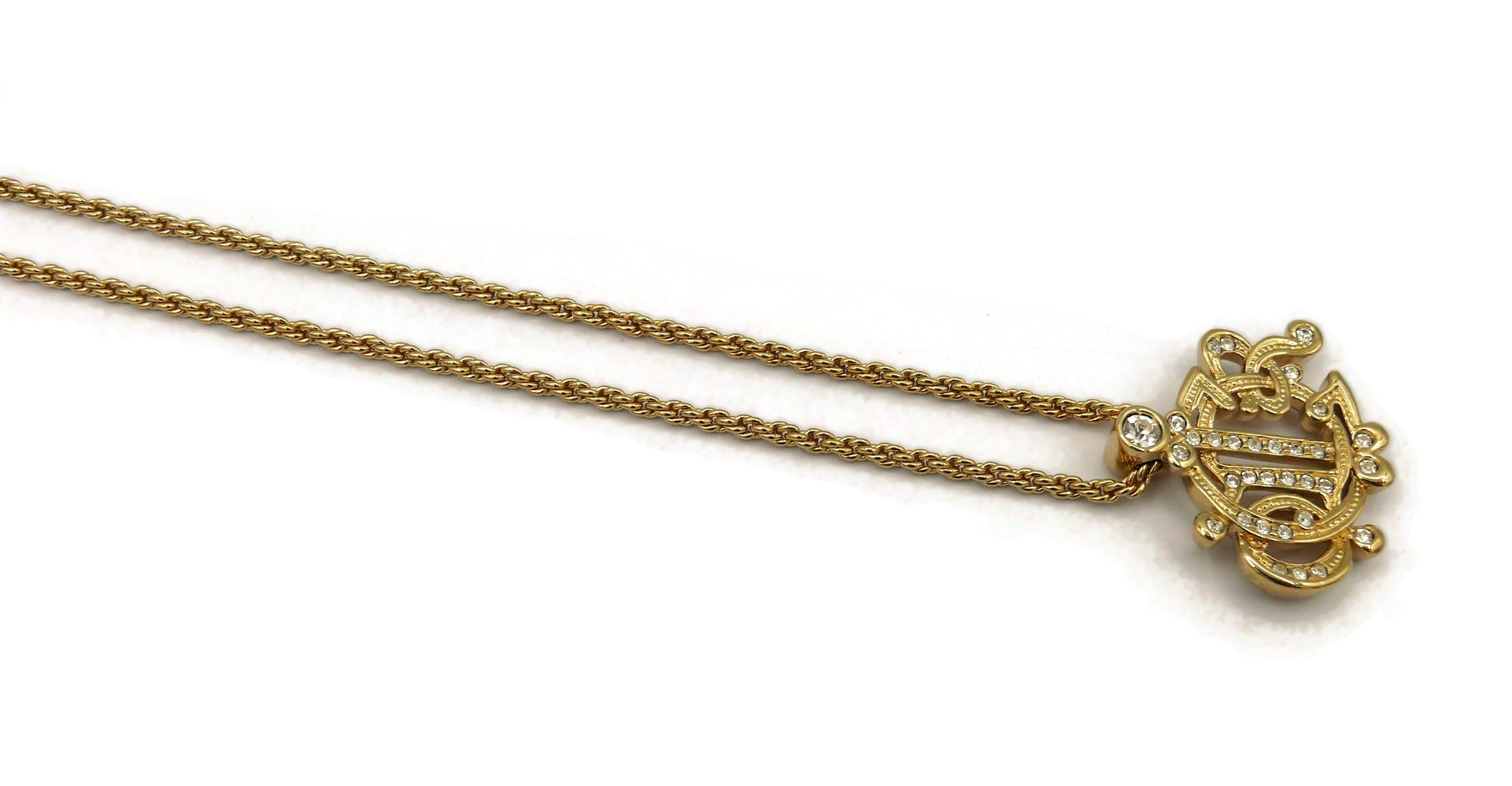 CHRISTIAN DIOR Vintage Gold Tone Jewelled Logo Pendant Necklace For Sale 1