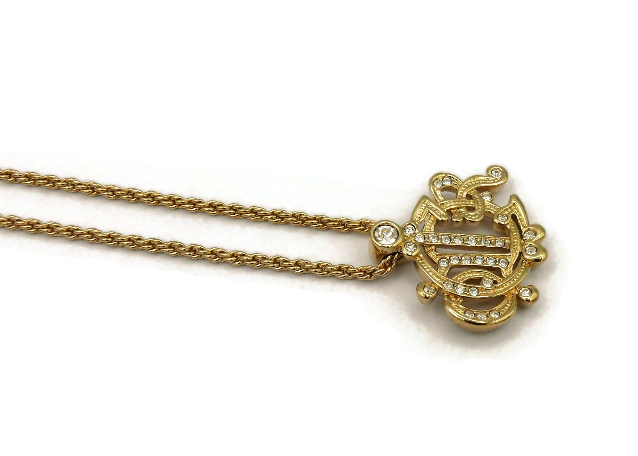 CHRISTIAN DIOR Vintage Gold Tone Jewelled Logo Pendant Necklace For Sale 2