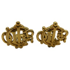 CHRISTIAN DIOR Vintage Gold Tone Logo Clip-On Earrings