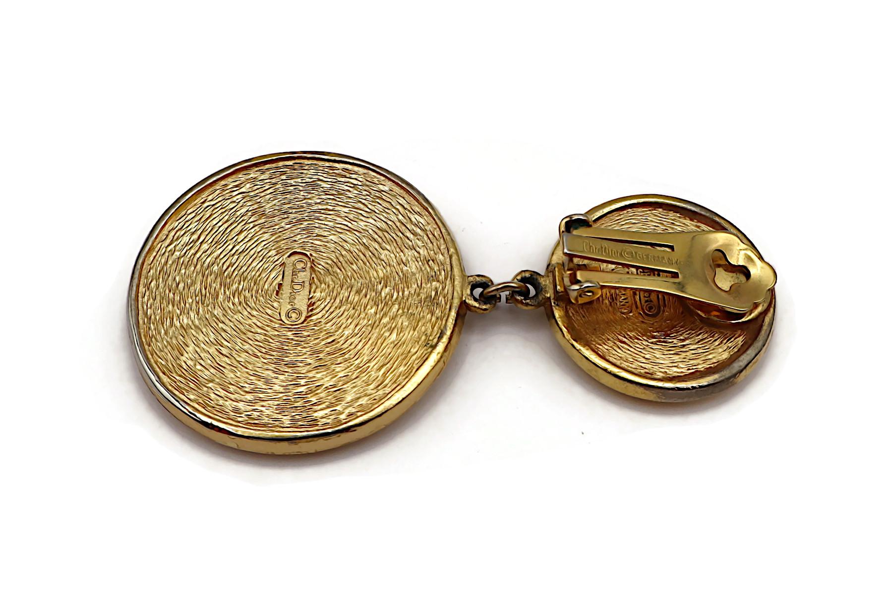 CHRISTIAN DIOR Vintage Gold Tone Logo Dangling Earrings For Sale 8