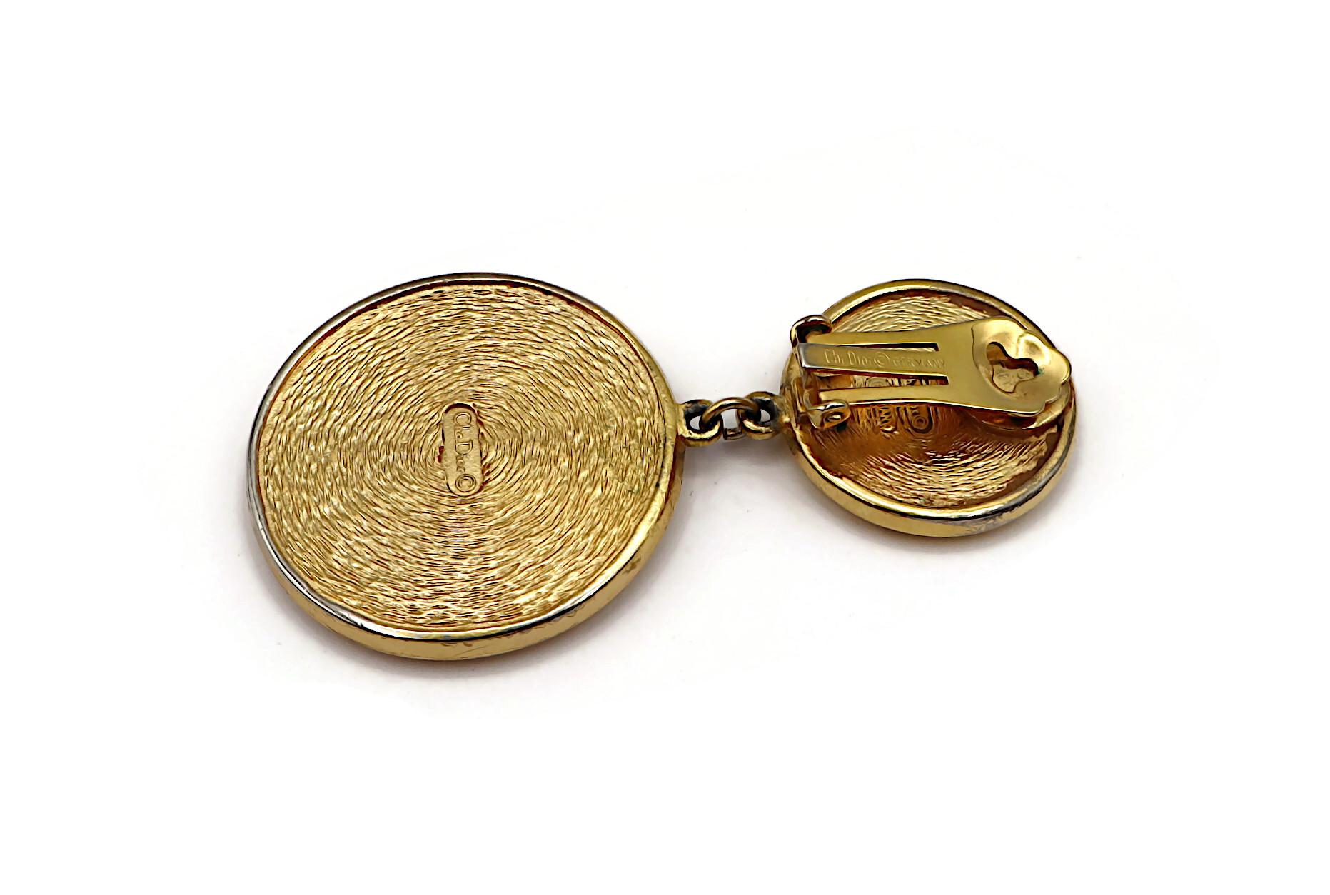 CHRISTIAN DIOR Vintage Gold Tone Logo Dangling Earrings For Sale 9