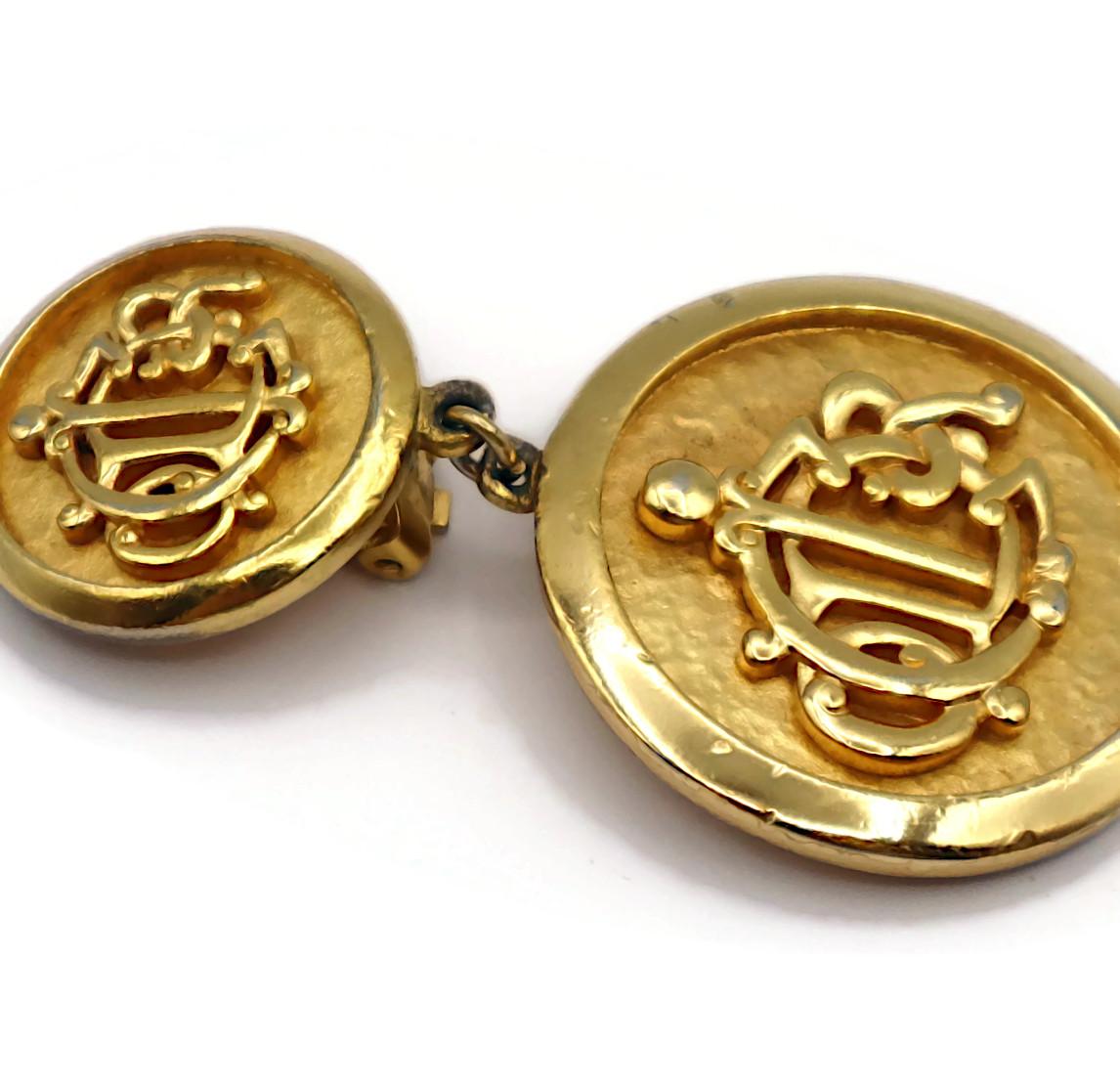 CHRISTIAN DIOR Vintage Gold Tone Logo Dangling Earrings For Sale 11