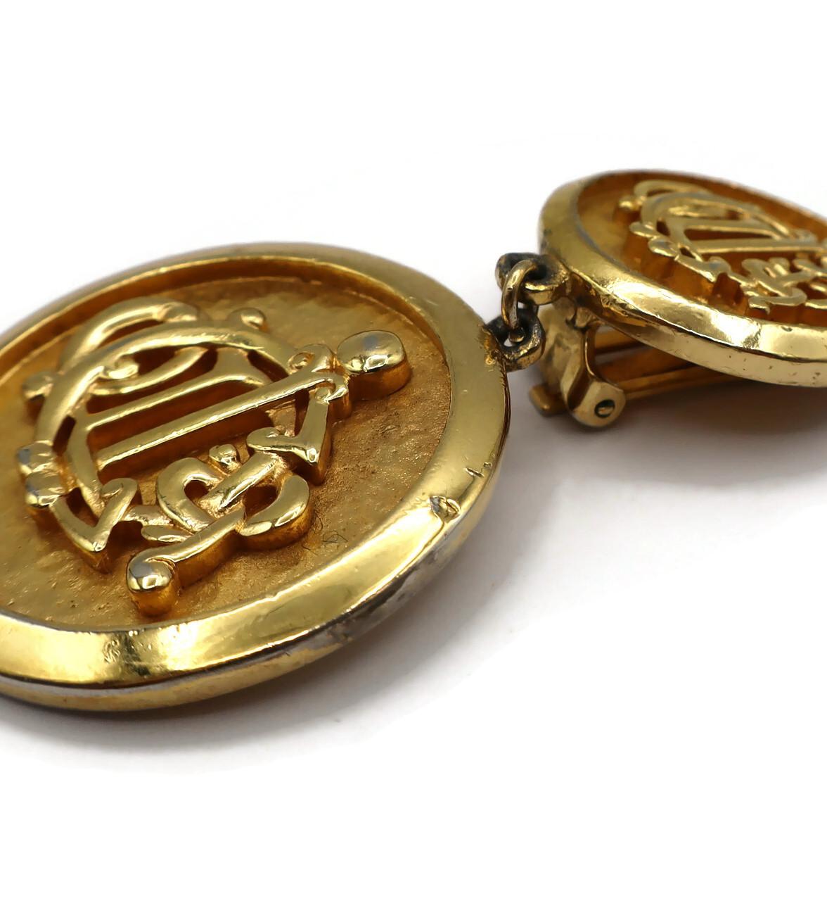 CHRISTIAN DIOR Vintage Gold Tone Logo Dangling Earrings For Sale 12