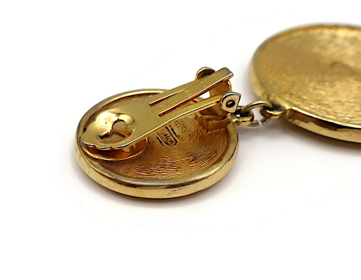 CHRISTIAN DIOR Vintage Gold Tone Logo Dangling Earrings For Sale 15