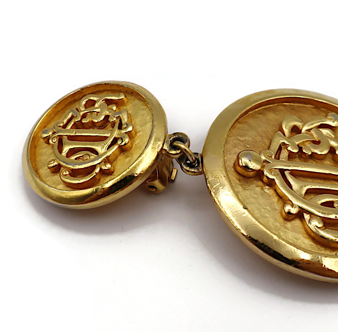 CHRISTIAN DIOR Vintage Gold Tone Logo Dangling Earrings For Sale 16