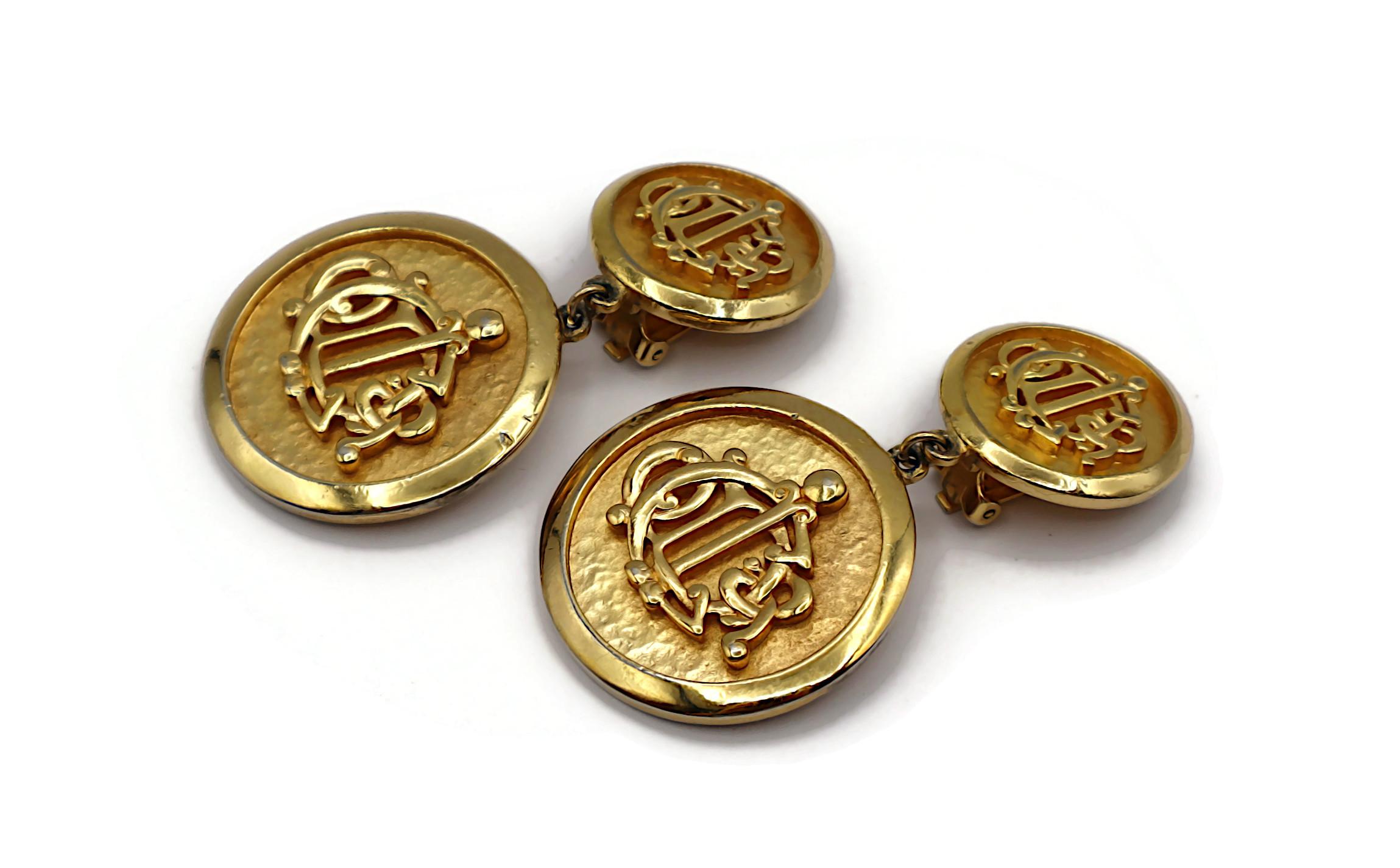 CHRISTIAN DIOR Vintage Gold Tone Logo Dangling Earrings For Sale 1