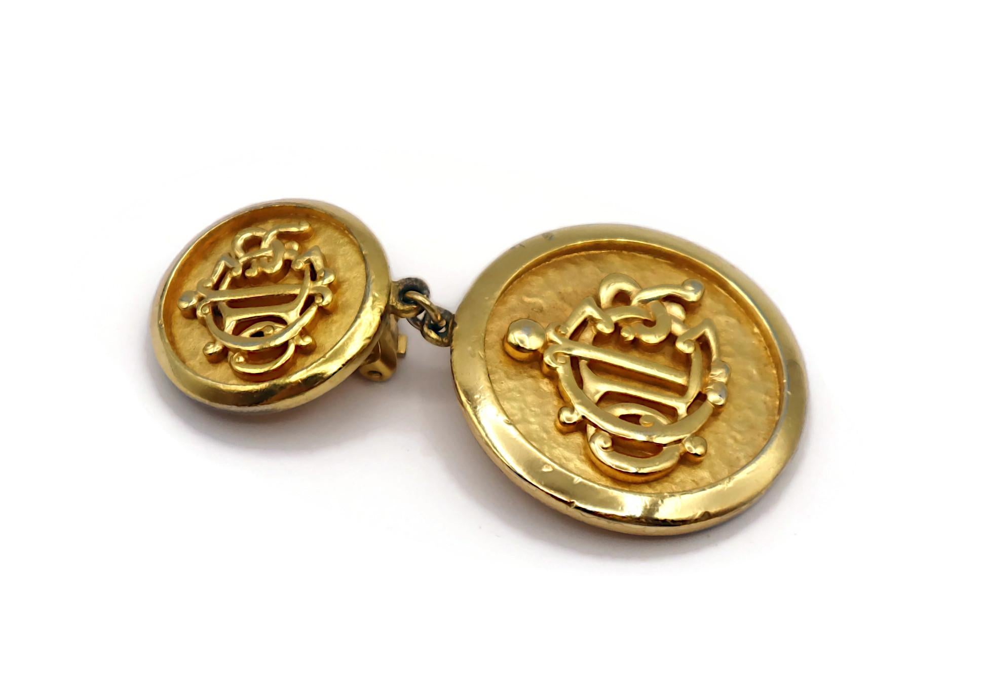 CHRISTIAN DIOR Vintage Gold Tone Logo Dangling Earrings For Sale 3
