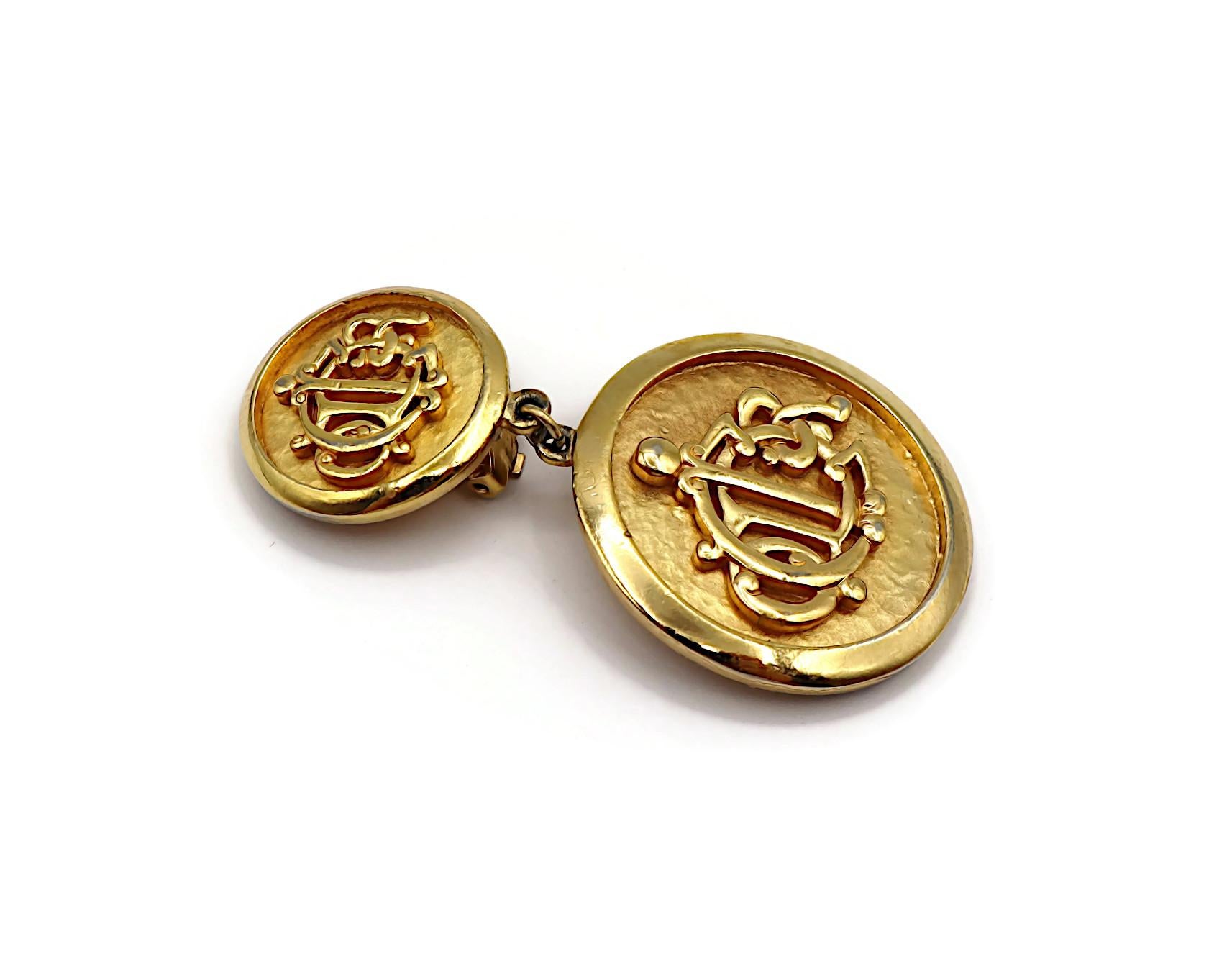 CHRISTIAN DIOR Vintage Gold Tone Logo Dangling Earrings For Sale 5