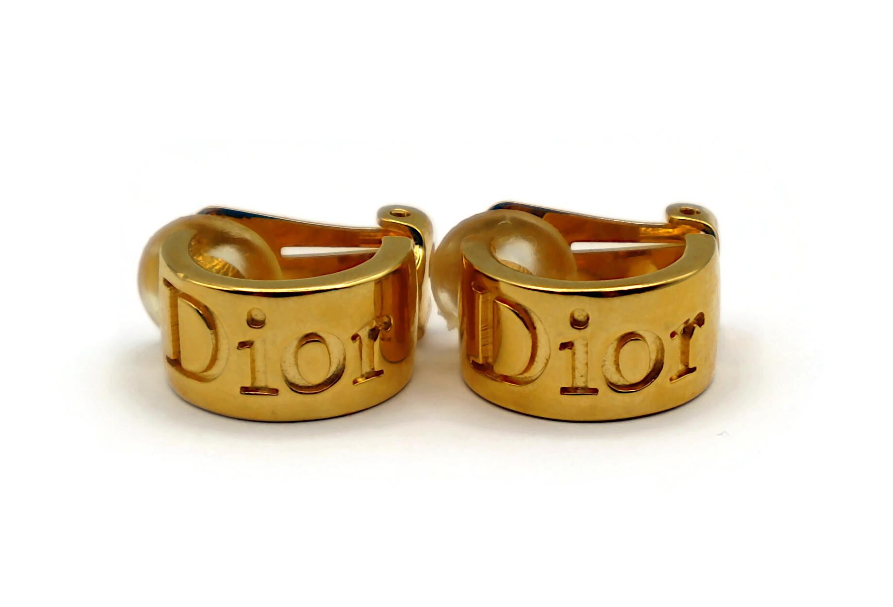 CHRISTIAN DIOR Vintage Gold Tone Logo Half Hoop Clip-On Earrings For Sale 1