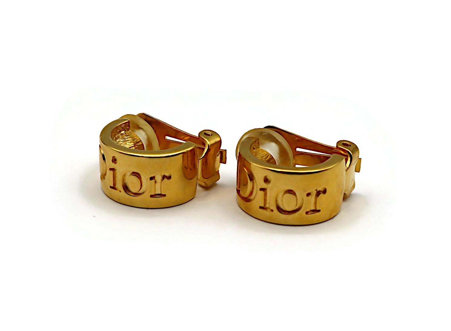 CHRISTIAN DIOR Vintage Gold Tone Logo Half Hoop Clip-On Earrings For Sale 2