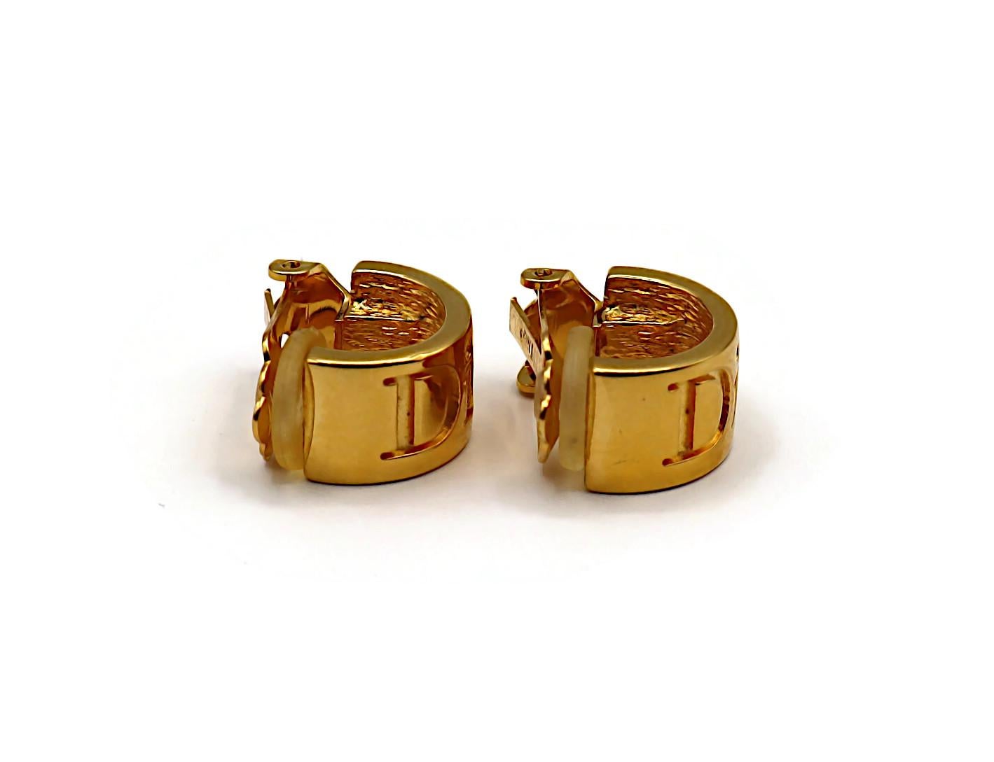 CHRISTIAN DIOR Vintage Gold Tone Logo Half Hoop Clip-On Earrings For Sale 3
