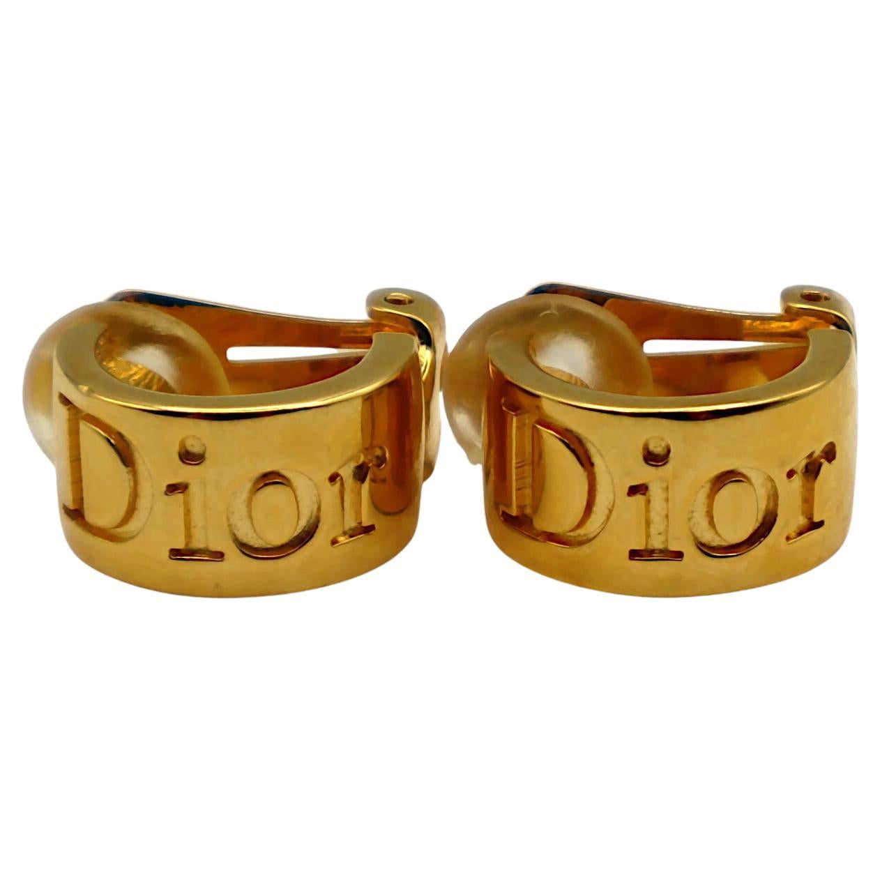 CHRISTIAN DIOR Vintage Gold Tone Logo Half Hoop Clip-On Earrings For Sale