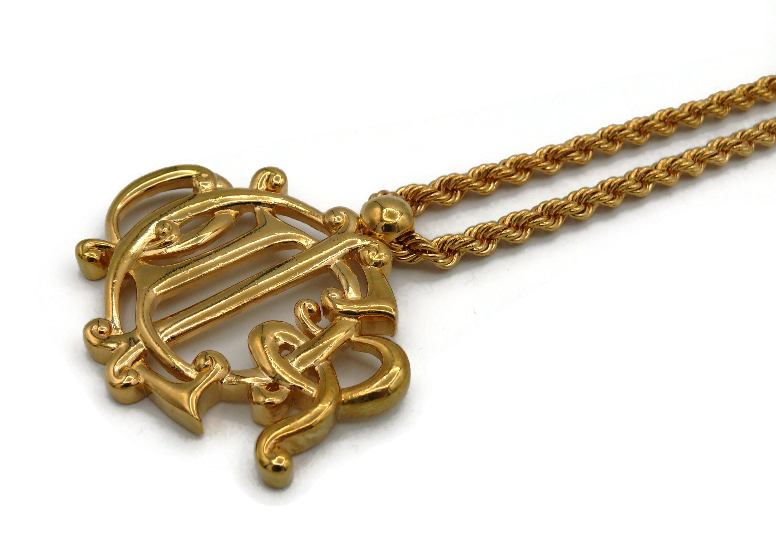 CHRISTIAN DIOR Vintage Gold Tone Logo Pendant Necklace For Sale 3