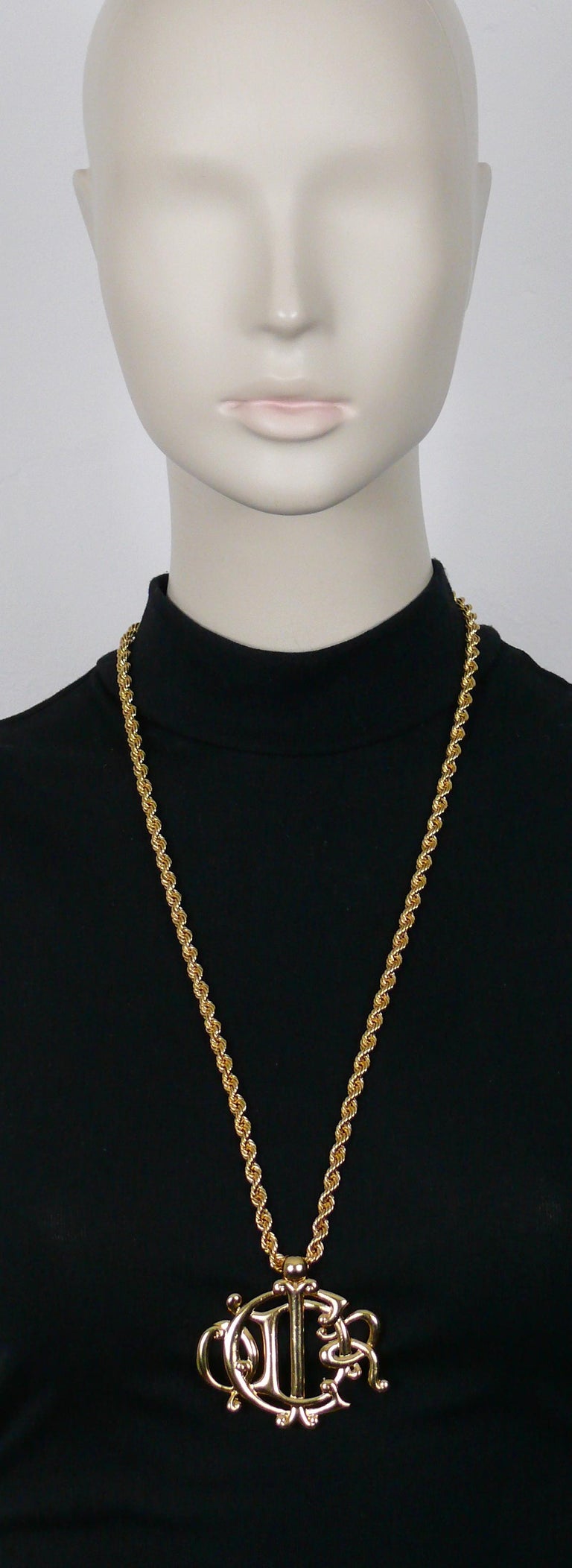 CHRISTIAN DIOR Vintage Gold Tone Logo Pendant Necklace For Sale at 1stDibs