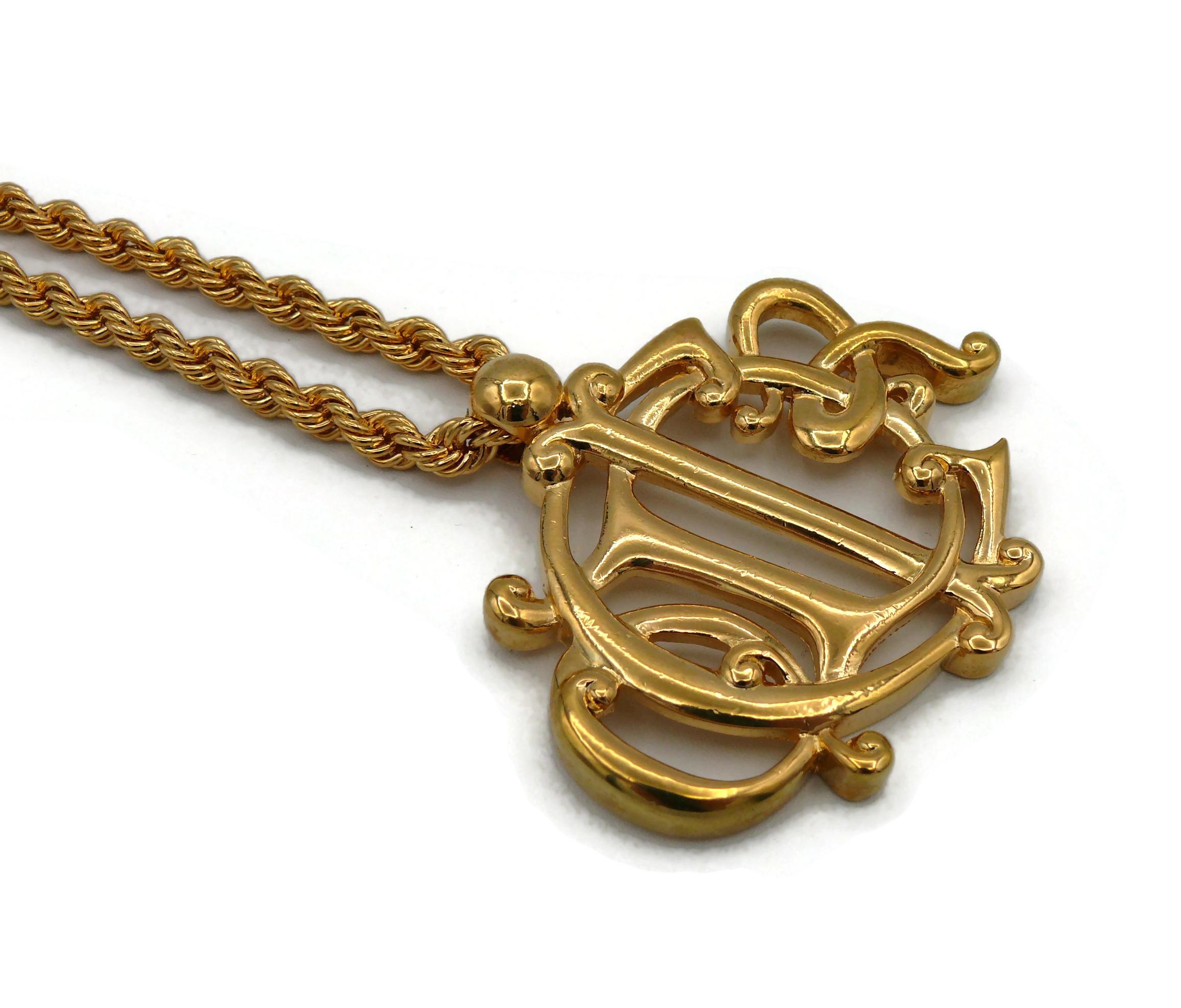 CHRISTIAN DIOR Vintage Gold Tone Logo Pendant Necklace For Sale 2