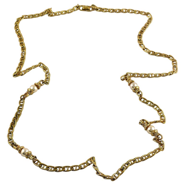 Christian Dior Collier à maillons vintage en or et perles bleu marine avec  chaîne En vente sur 1stDibs