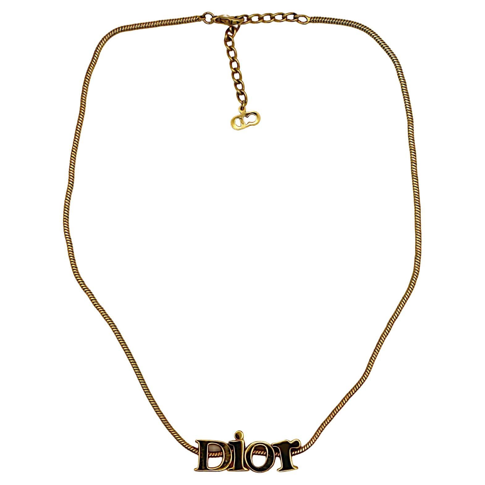 CHRISTIAN DIOR Vintage Gold Tone Spellout Necklace For Sale