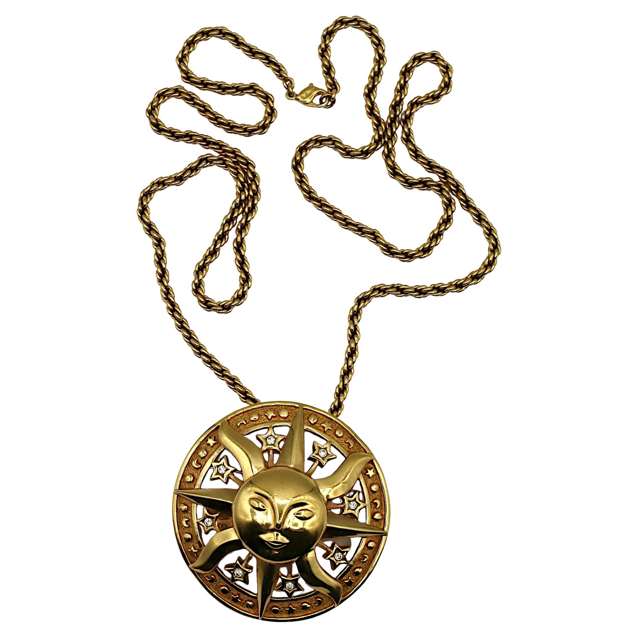 CHRISTIAN DIOR Vintage Gold Tone Sun Stars Pendant Necklace For Sale