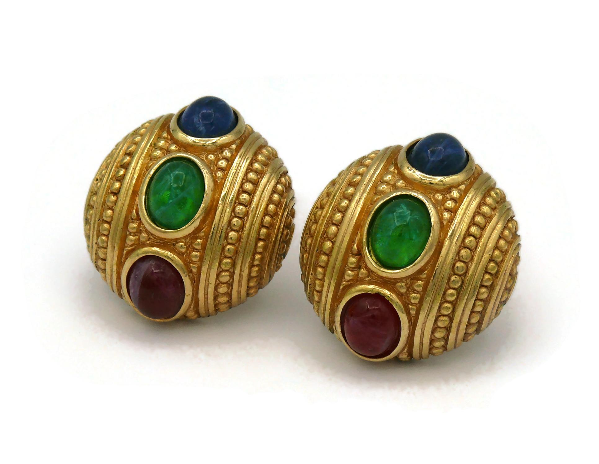 Christian Dior Vintage Gold Toned Glass Cabochons Domed Clip-On Earrings For Sale 1