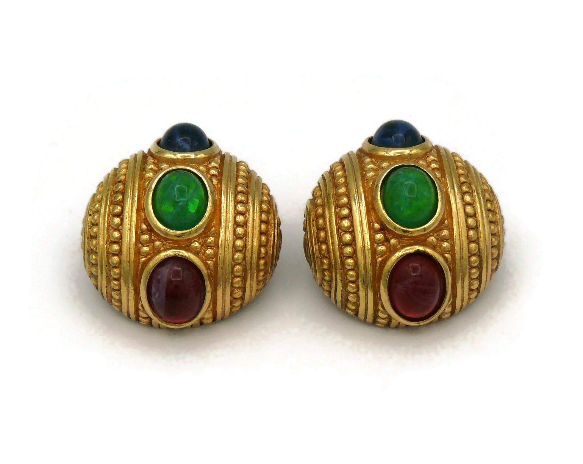 Christian Dior Vintage Gold Toned Glass Cabochons Domed Clip-On Earrings For Sale 2