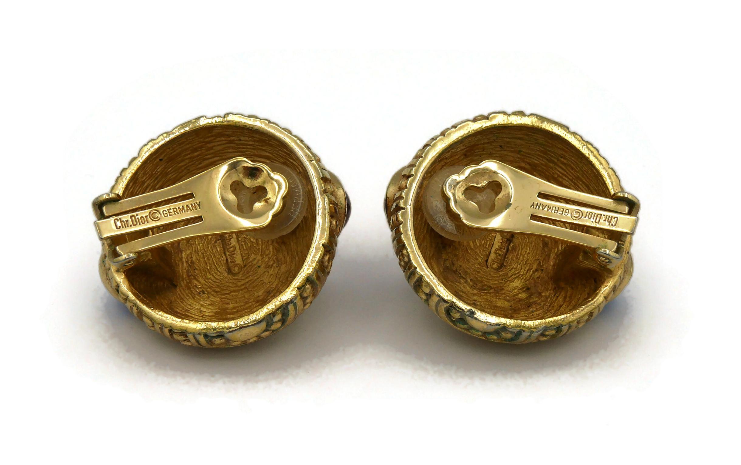 Christian Dior Vintage Gold Toned Glass Cabochons Domed Clip-On Earrings For Sale 4