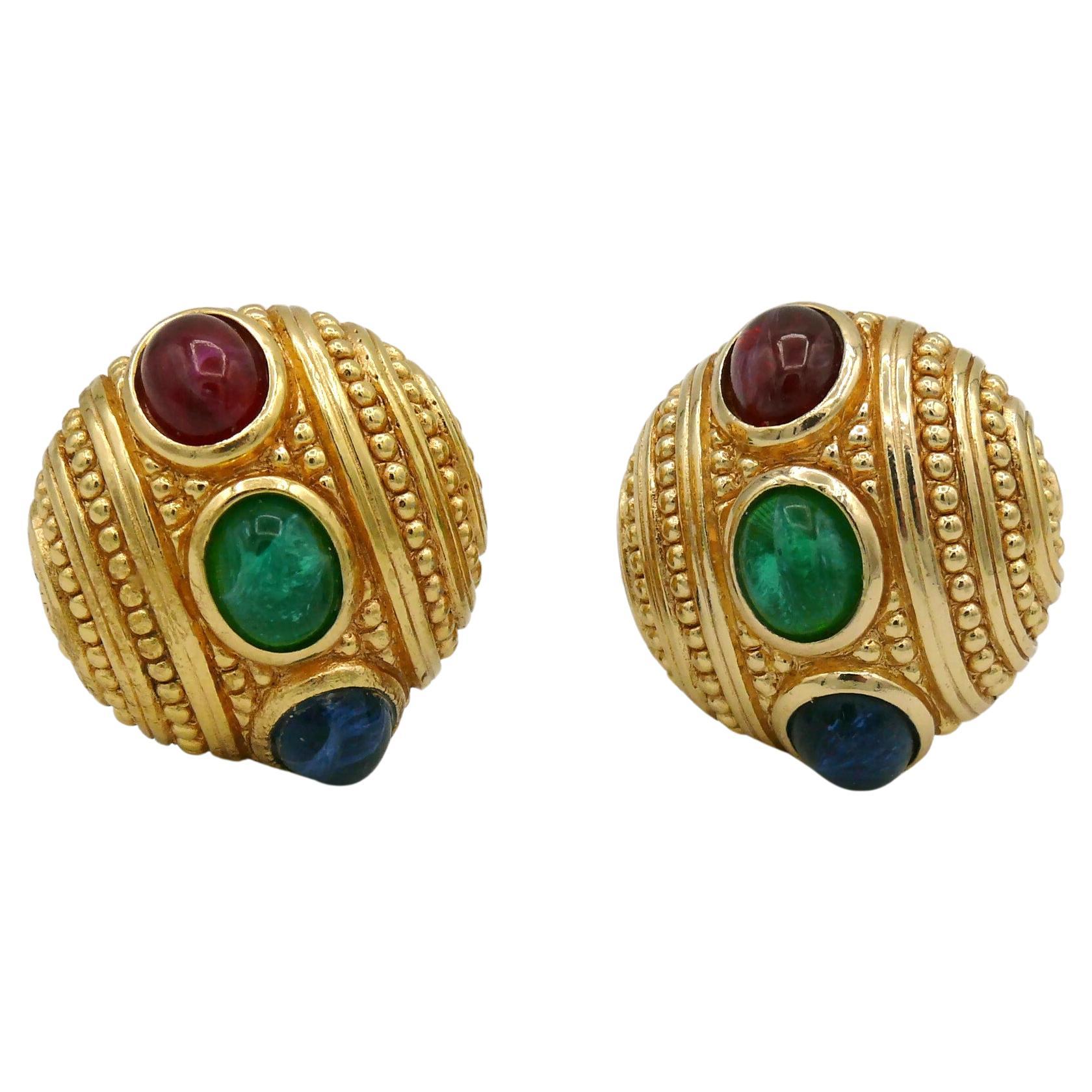 Christian Dior Vintage Gold Toned Glass Cabochons Domed Clip-On Earrings For Sale