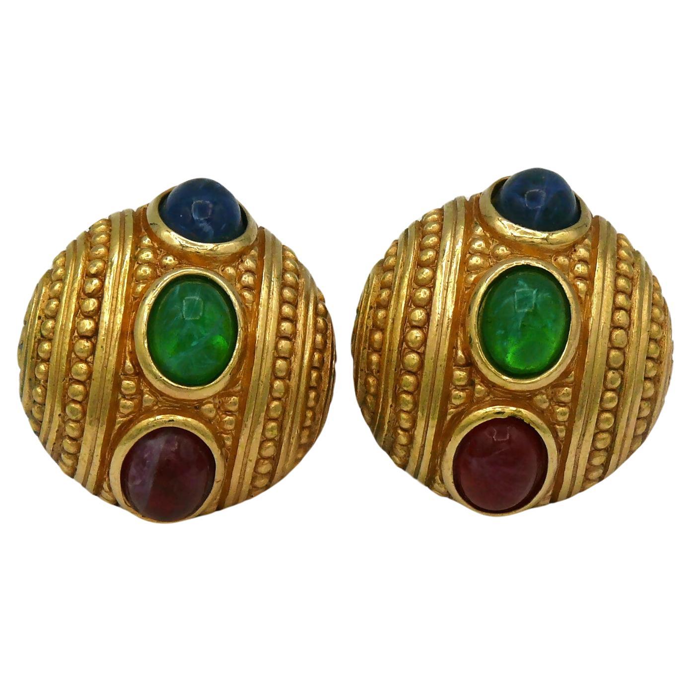 Christian Dior Vintage Gold Toned Glass Cabochons Domed Clip-On Earrings